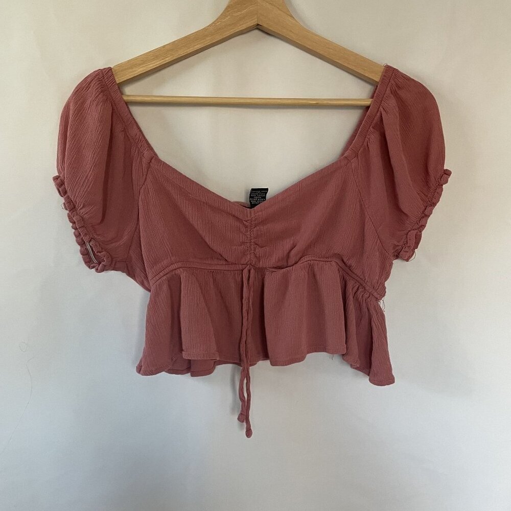 Rue21 pink cropped top summer rayon dusty rose frilled puffed‎ sleeve size large